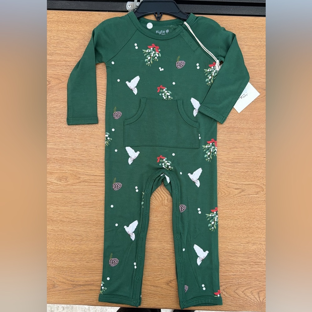 Kyte BABY Green Holiday Mistletoe & Dove One-Piece